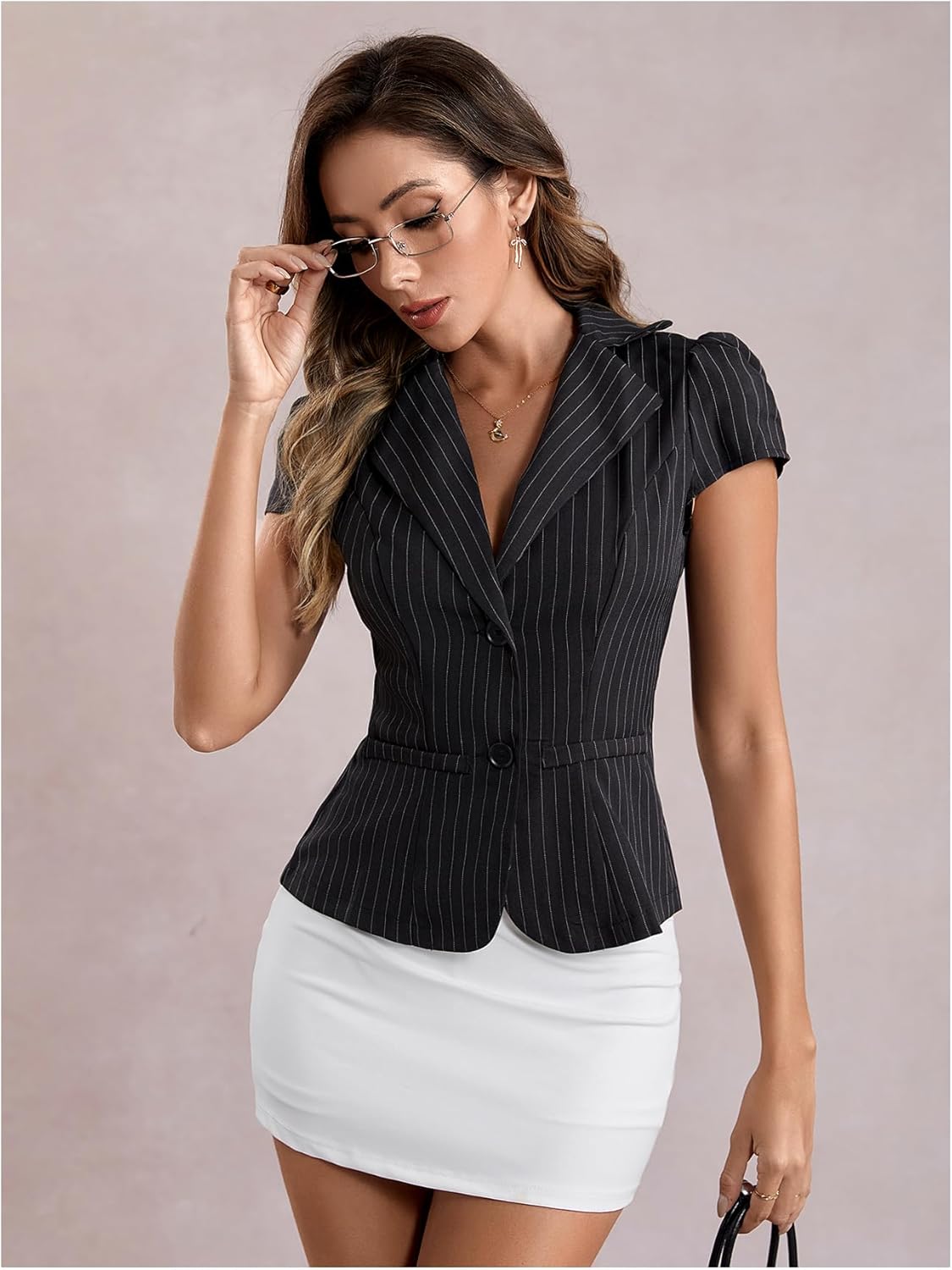 SweatyRocks Women's Striped Button Down Blouse Puff Short Sleeve Collared Office Dressy Shirts - Image 3