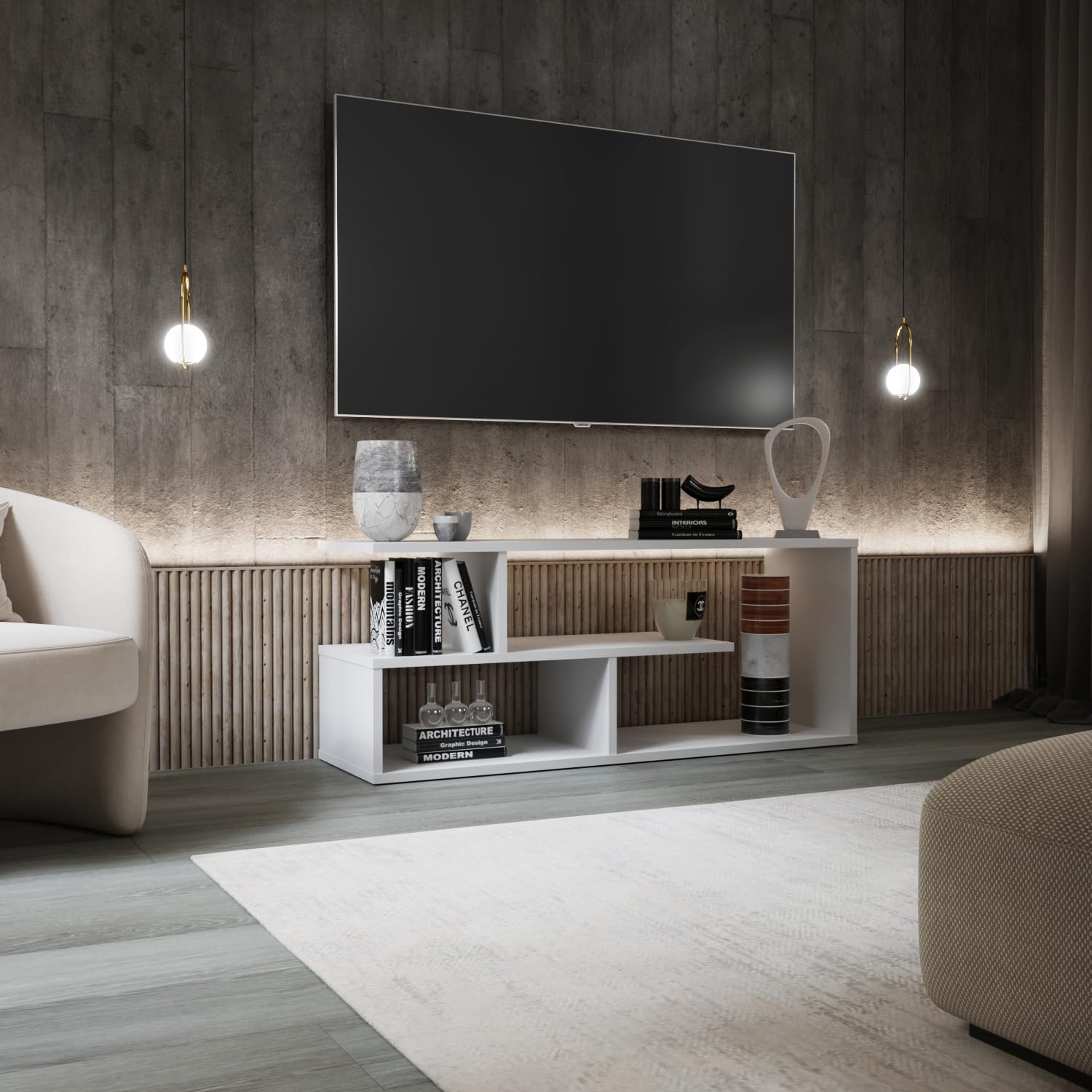 Shefa Eden Meuble TV compact 100 cm – Meuble multimédia en bois blanc avec étagères de rangement ouvertes, petite table console TV moderne, centre de divertissement et meuble TV pour salon, chambre à