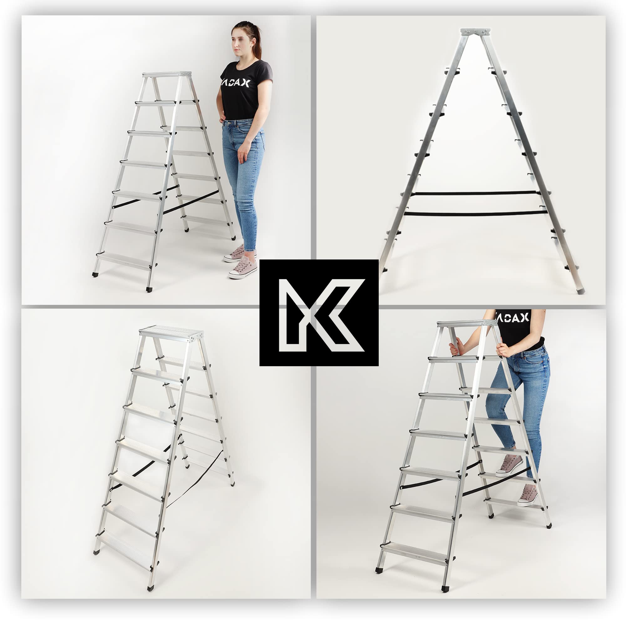 KADAX Escalera de Doble Cara de Aluminio con 7 Peldaños Antideslizantes, Capacidad de Carga de 125 kg, Plataforma de Trabajo y Diseño Plegable (145 x 50.5 cm)