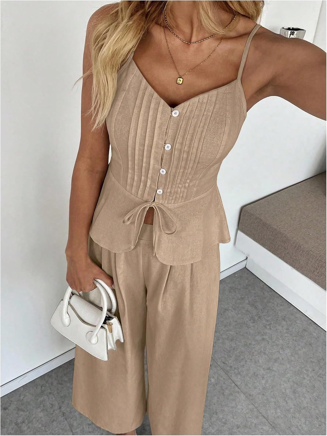 SOLY HUX Women's 2 Piece Summer Outfit Button Down Peplum Cami Top and Wide Leg Pants Set