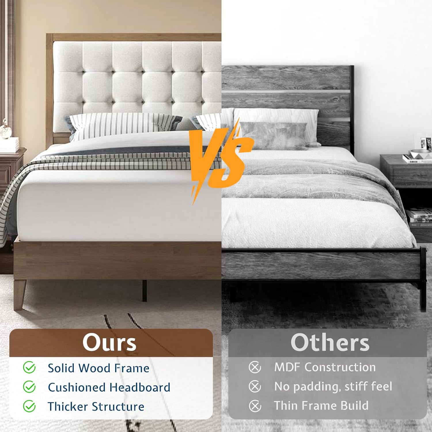 Jocisland Solid Wood King Size Bed Frame 50.2" Tall Upholstered Headboard, Mid-Century Style, Stable Platform Support, No Box Spring Needed, Ash Gray