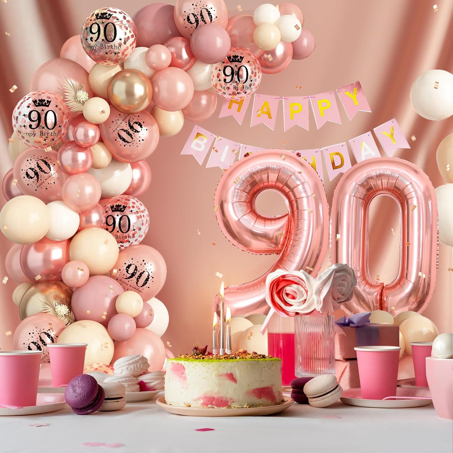 90th Birthday Decorations for Women,Rose Gold 90th Balloon Arch Garland Kit With Number 90 Balloons Happy Birthday Banner for 90 Party Decoration - Image 5