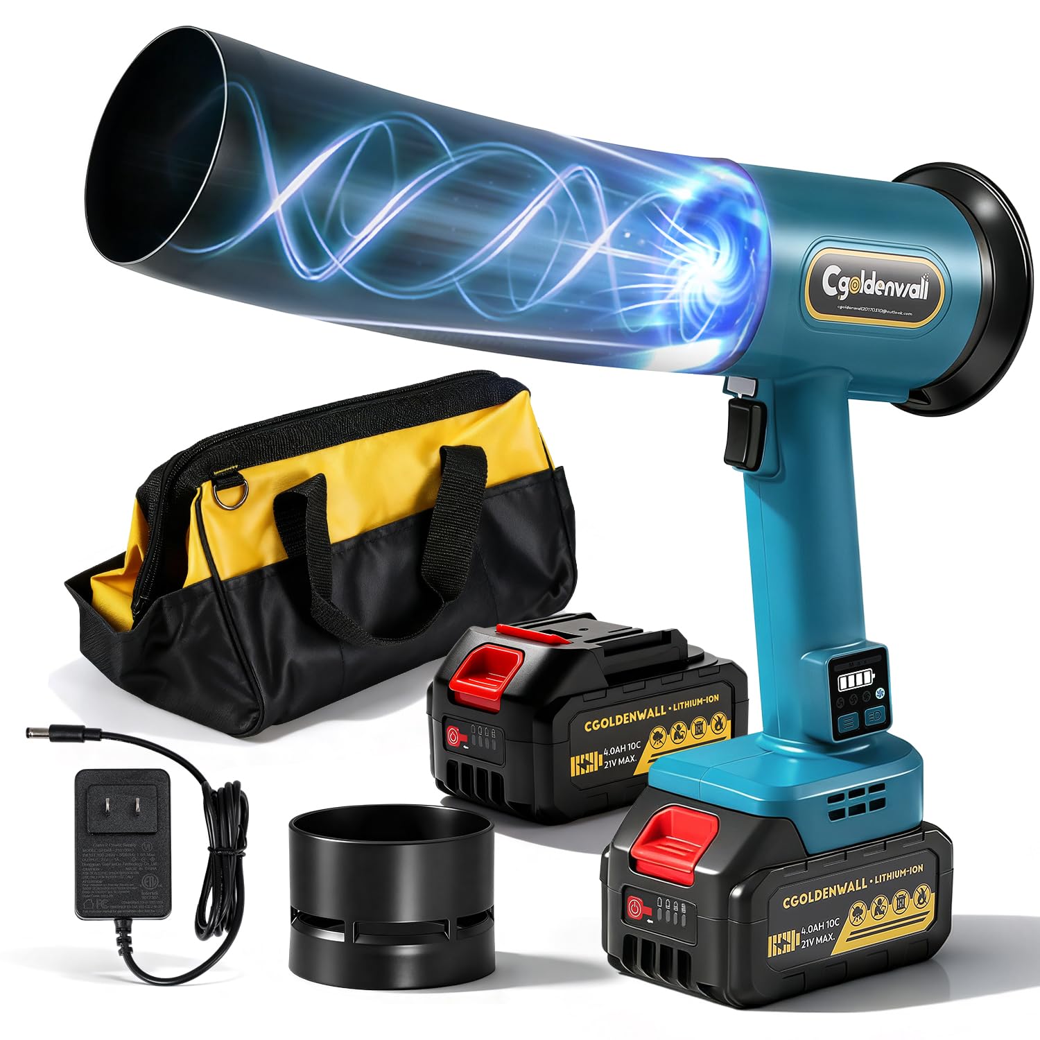 CGOLDENWALL Soplador de Hojas 21V con 2 Baterías de 4,0 Ah, Motor de 60000 RPM, 4 Velocidades Ajustables, Portátil para Jardín, Patio, Coche y Limpieza de Nieve