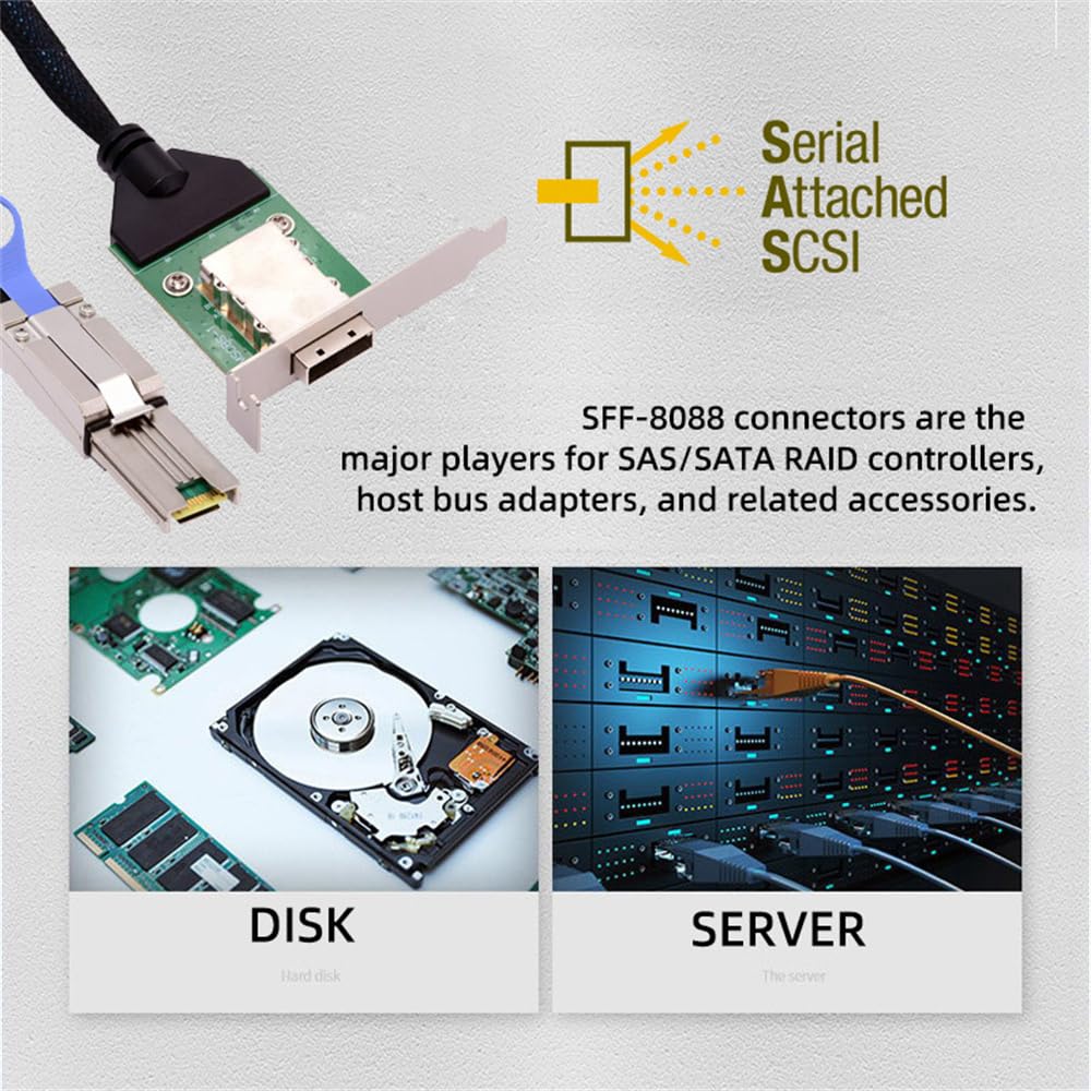 xiwai Mini SAS SFF-8088 - Cable de extensión externo SFF-8088 macho a SFF-8088 hembra de 26 pines, 50 cm, PCBA con soporte de perfil bajo