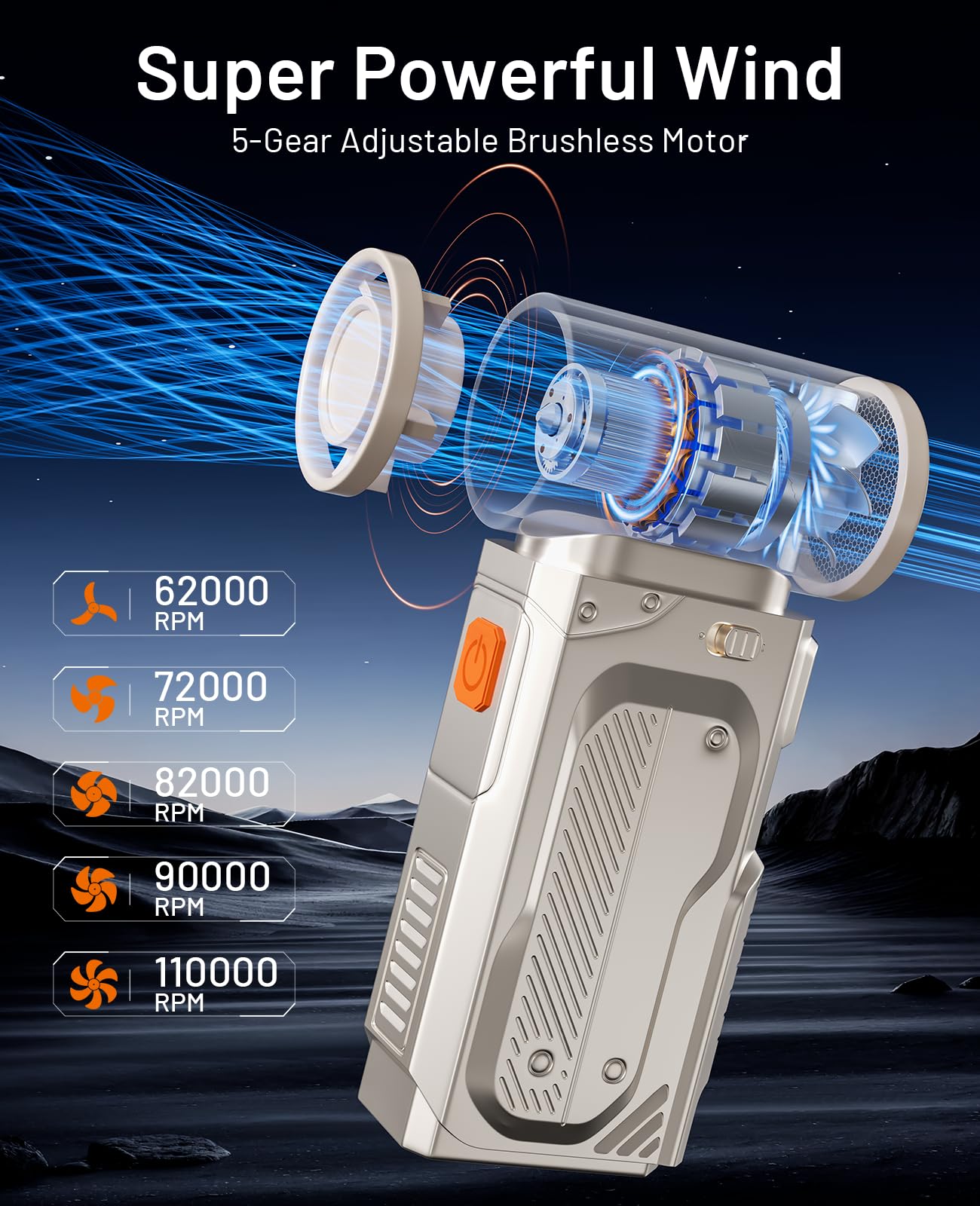 Cimesen F91 Super Power Cordless Air Duster-110000RPM Electric Air Duster,5-Gear Adjustable Compressed air Duster,Rechargeable Brushless Motor Durable Blower for Computer, House and Car