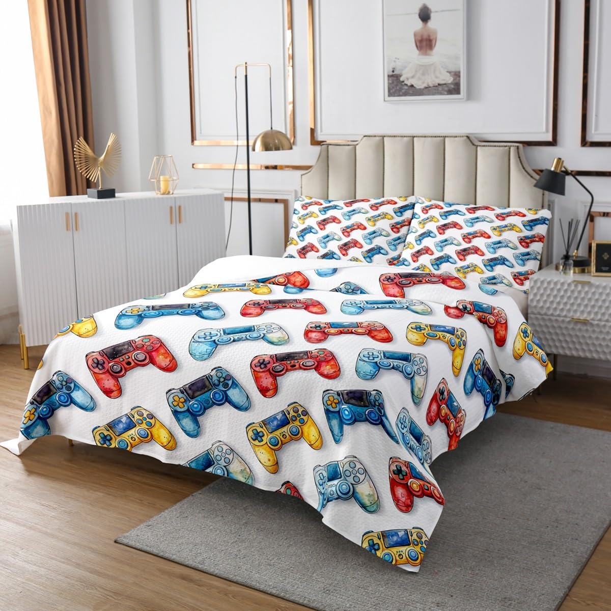 Homewish Boys Gaming Decor Bedspread Queen Size,Games Contoller Bedding Set for Kids Girls Teens Room Decor,Video Games Comforter Set Gamepad Gamer Reversible Printed Coverlet Set 3Pcs,2 Pillowcases
