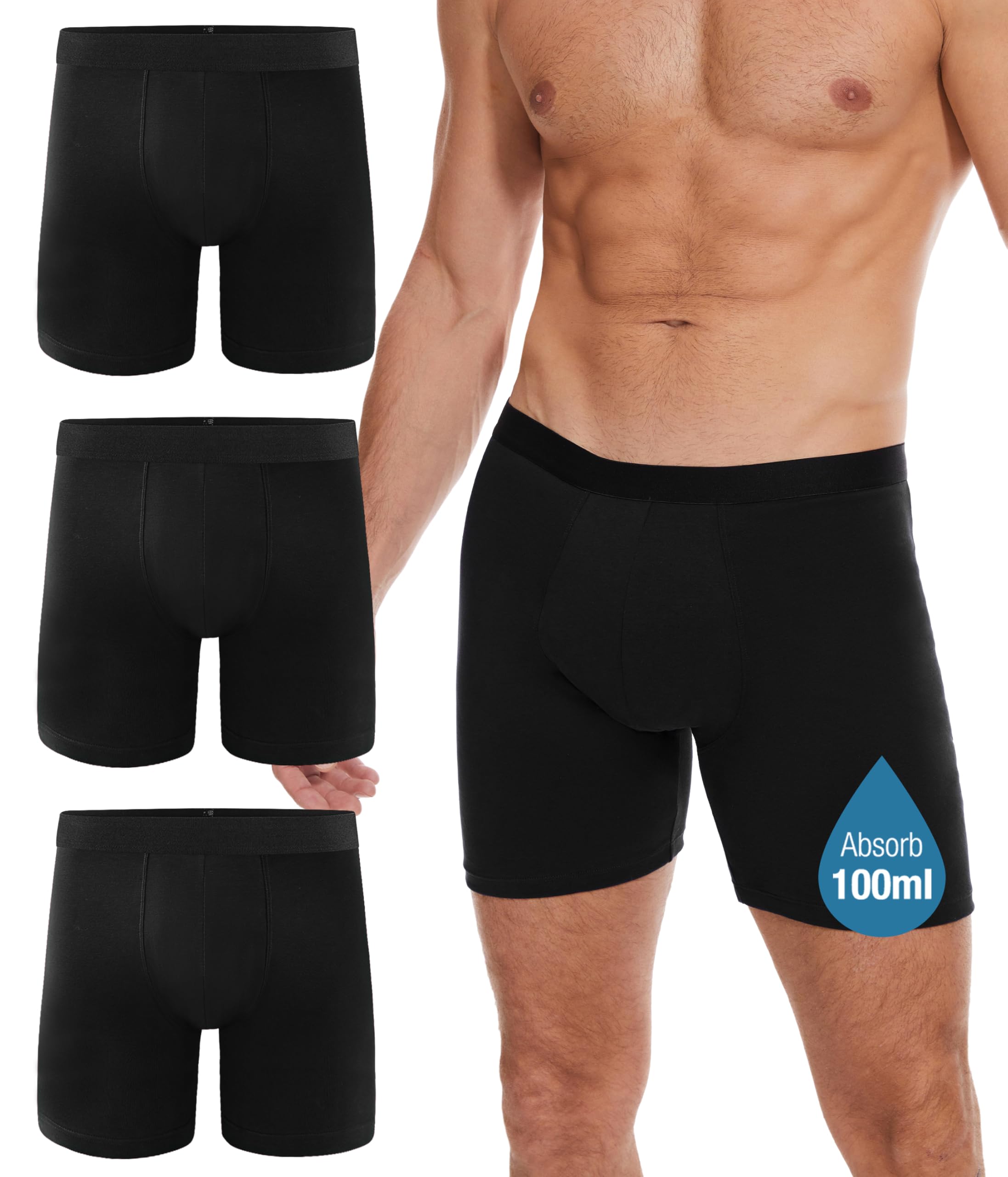 YESWEL Incontinence Underwear Long Leg For Men, 100ML Absorbent Cotton Washable Leak-Proof Reusable Boxer Brief 3 Pack (US, Alpha, Large, Regular,