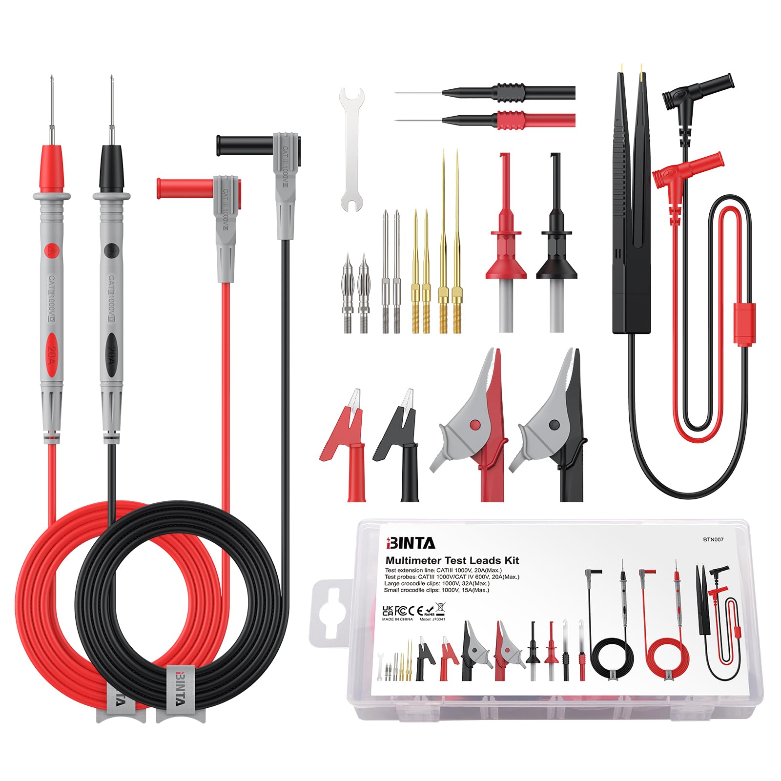 BINTA Multimeter Messleitungen Set 25-in-1 Elektro-Multimeter-Testkabel mit Krokodilklemmen, Testsonde, Federgreifer, Bananenstecker für Spannungskreistester