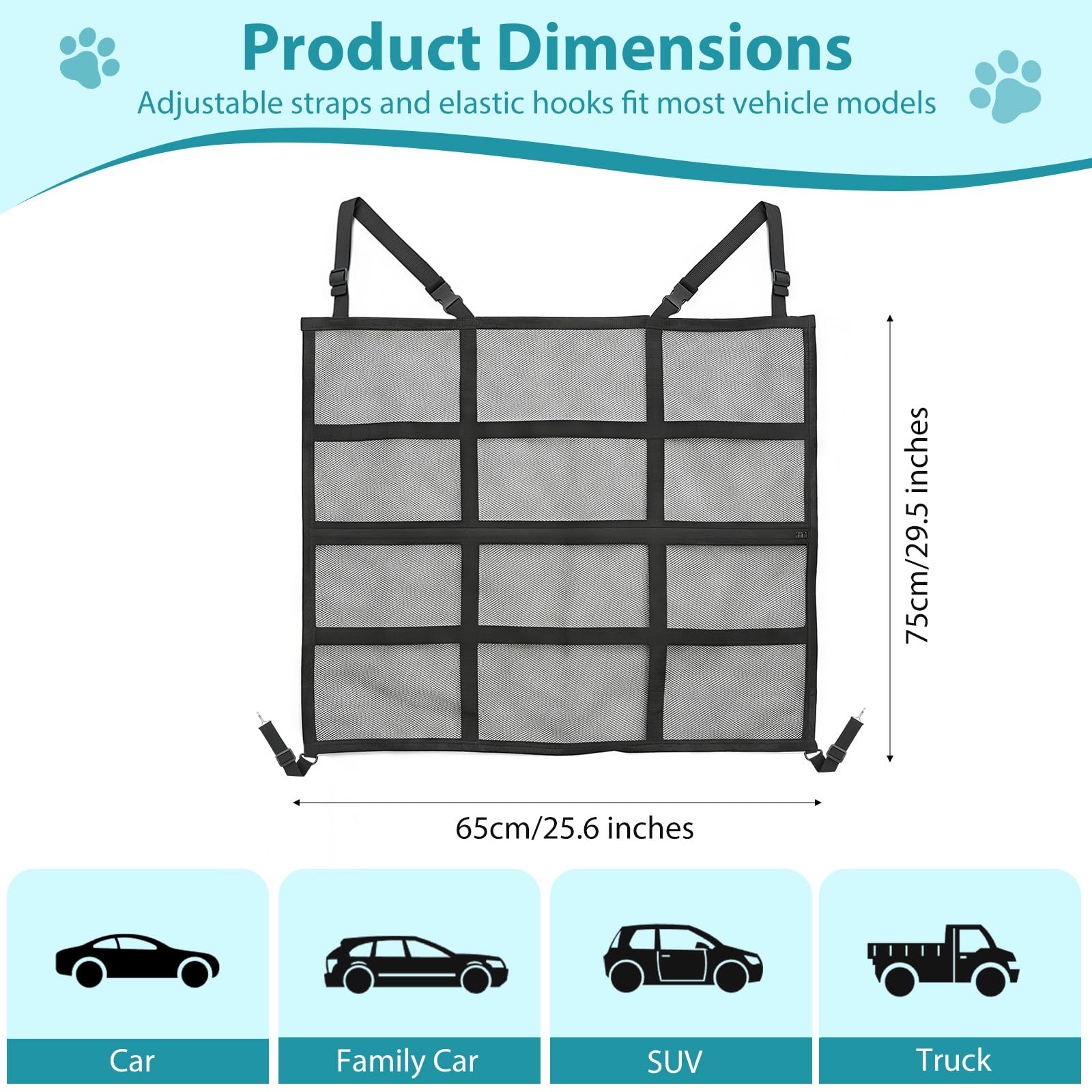 Barrière De Sécurité Pour Chien, Barrière Pour Animaux En Filet Double Épaisseur, Évite Que Le Chien Ne Saute Et Ne Distrait Le Conducteur, Facile À Installer Avec Sac De Rangement, 75 X 65 CM