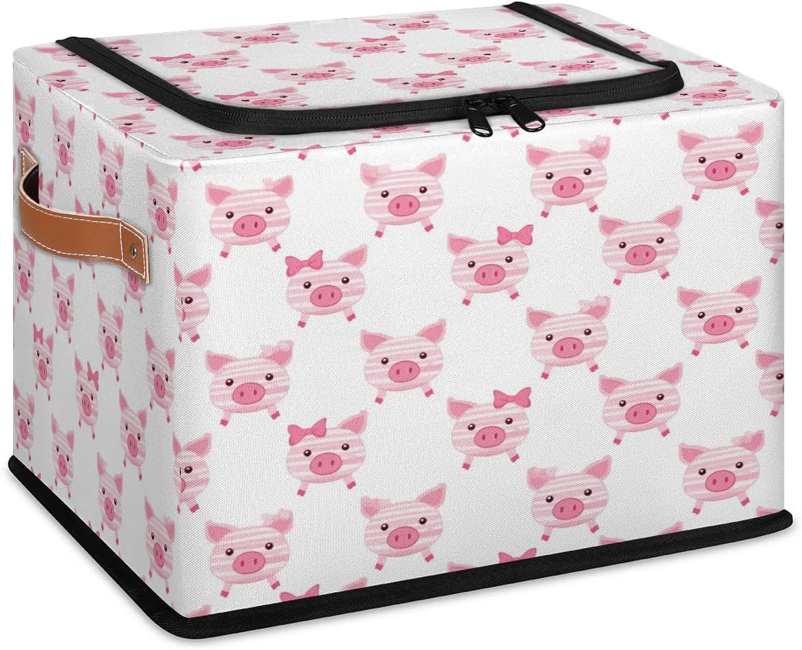 Cute Cartoon Pig Storage Box with Lid and Handles Foldable Cloth Storage Basket Bin Bags for Shelves Closet Shelf Toys Clothes Bed Sheets Organizer 2 Pack