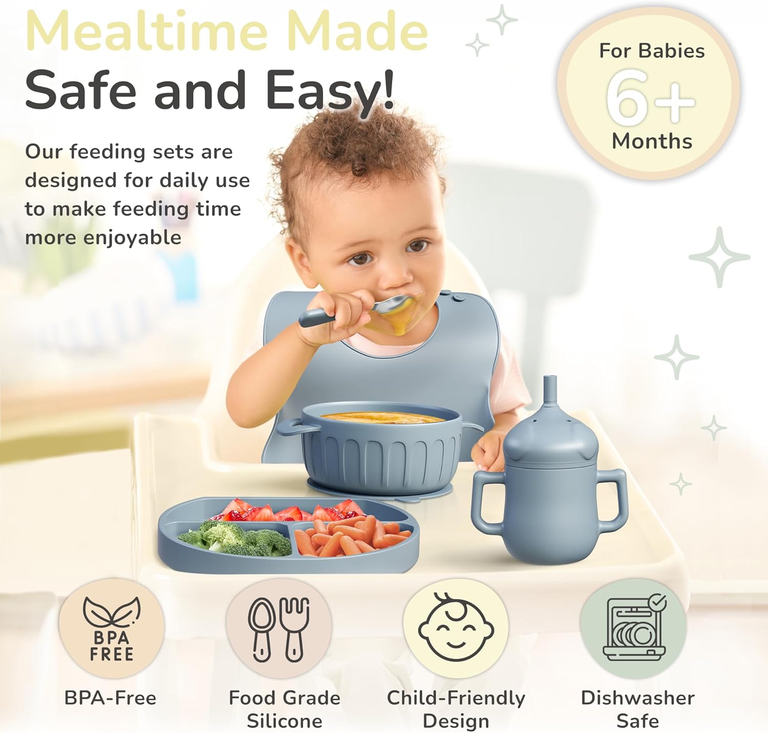 mimi & kiki BPA-Free Silicone Baby Feeding Set, Baby Plates and Bowls Set, Baby Led Weaning Supplies, Silicone Suction Plate, Baby Utensils, Bib and Cup, Self Feeding, Dishwasher Safe (Blue) - Image 4