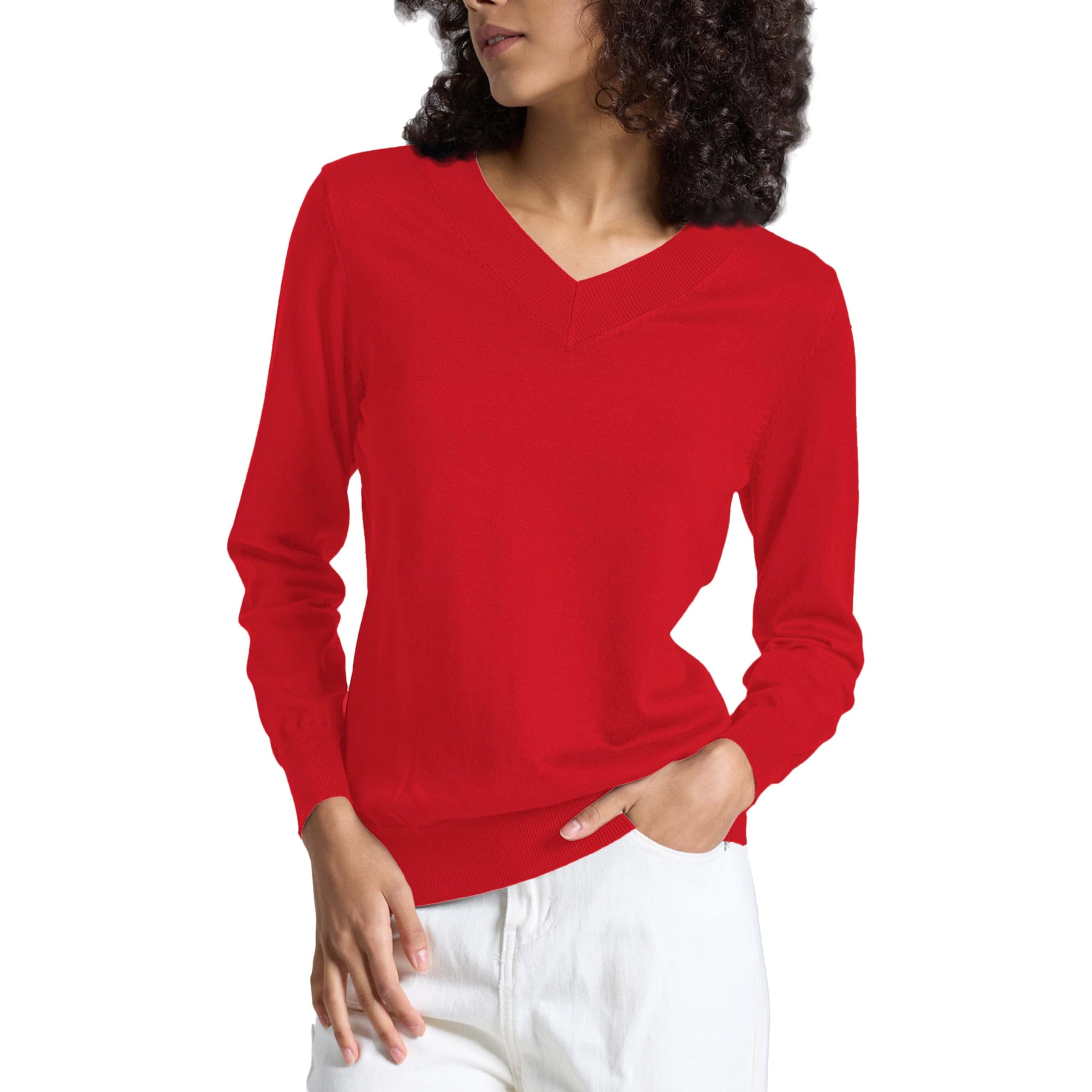 Womens Long-Sleeve Pullover Lightweight Soft V-Neck Casual Sweater Top