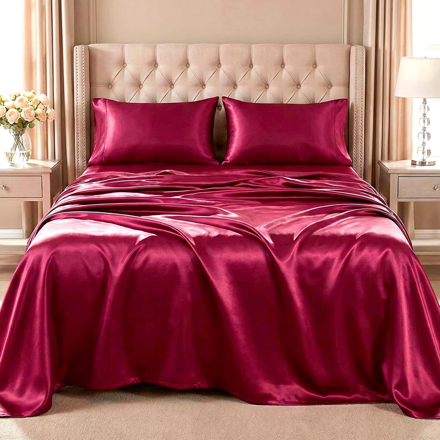 Thmyo Satin Bed Sheet Set,Extra Soft Deep Pocket Silky Satin Sheet Set with 1 Fitted Sheet +1 Flat Sheet + 2 Pillow Cases (4-Piece Wine red, Queen)