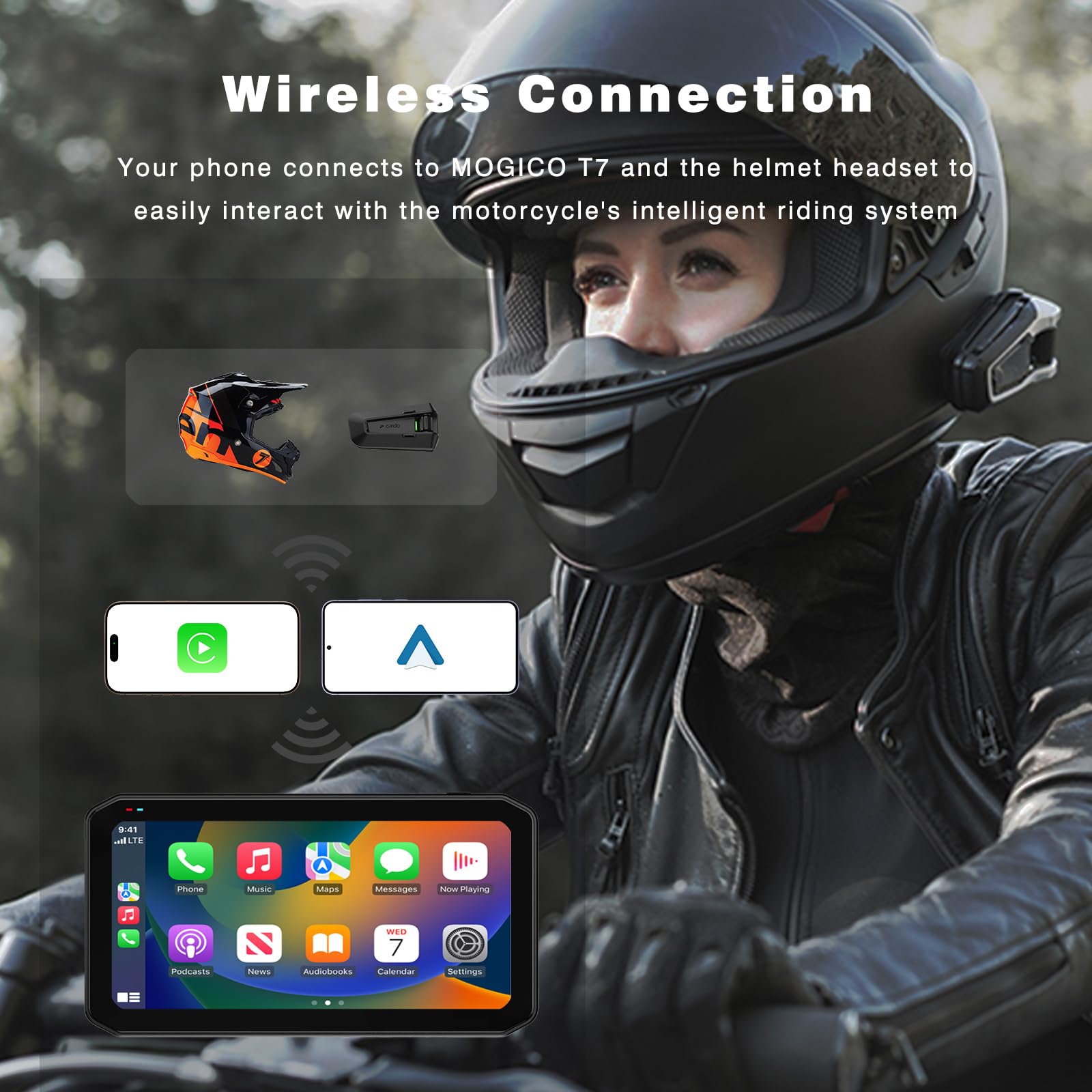 Mogico T7 Ultra Motorcycle GPS Navigator Wireless CarPlay Android Auto Blind Spot Detection Smart Riding System, Tire Pressure Sensor, 6.25