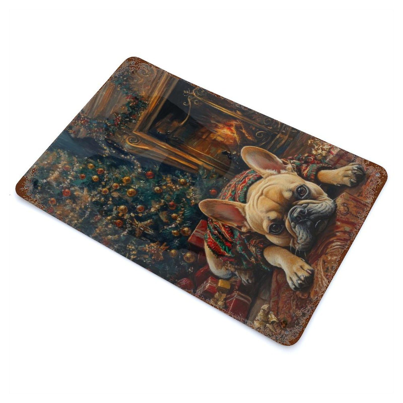 Christmas Bulldog by Fireplace Painting Holiday Dog Wall Art Rust Effect Tin Sign 11.8"x7.9", Novelty Wall Decor for Garage, Pub Or Kitchen