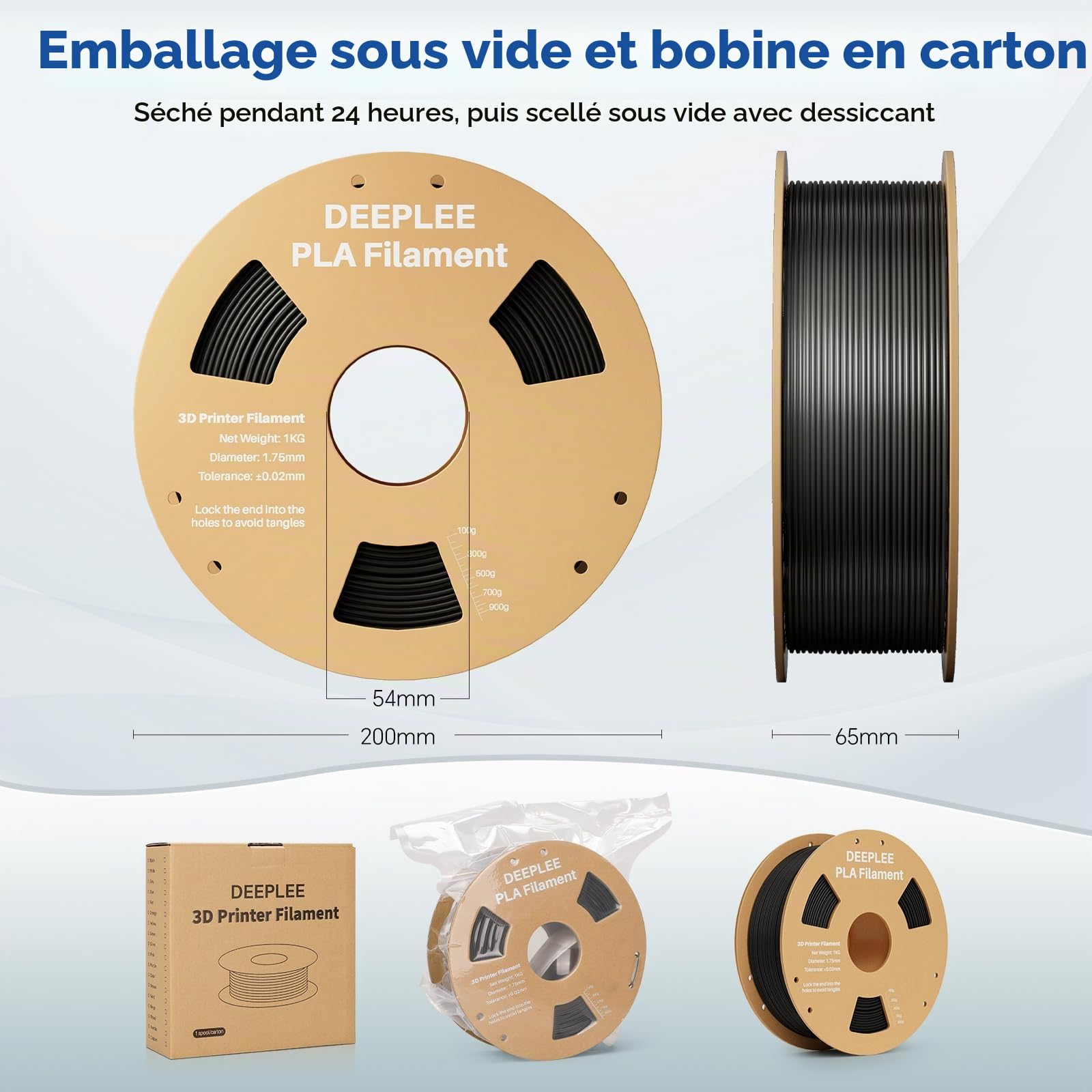 DEEPLEE Filament PLA pour imprimante 3D 1,75 mm, précision +/- 0,02 mm, soigneusement enroulé, sans obstruction, emballé sous vide, pour la plupart des imprimantes 3D FDM, bobine en carton, 1 kg, noir