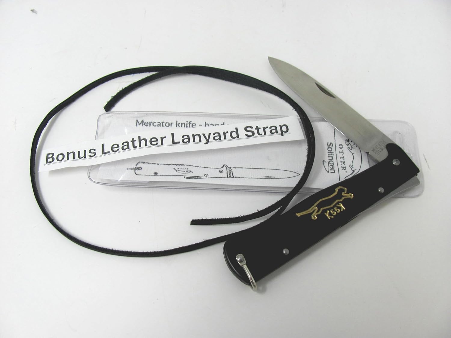 Maserin Mercator German Made Otter-Messer Black Cat Stainless Steel Pocket Knife with Shackle with a Leather Lanyard Strap