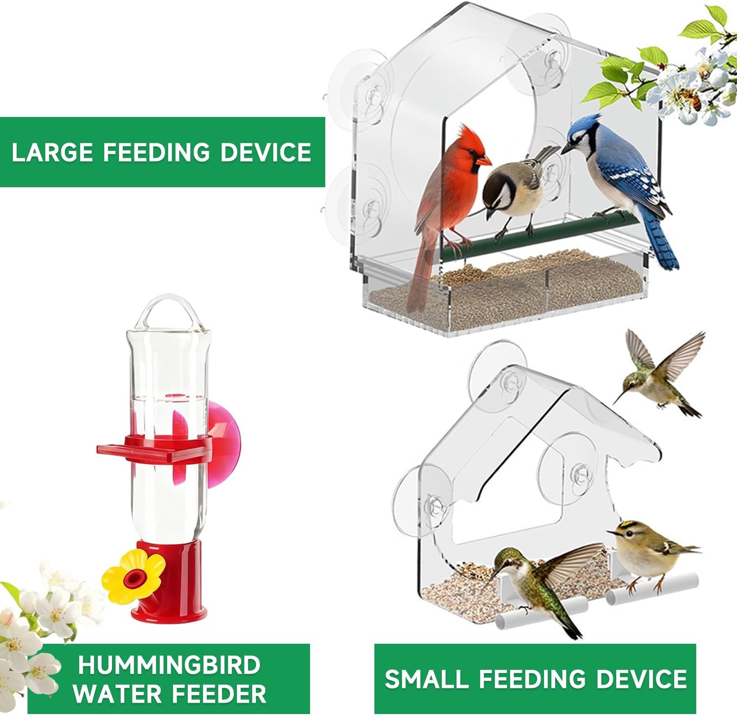 Window Bird Feeders (Large & Small) Plus Hummingbird Waterers（3-Piece Set） Lure Various Birds, Offer Easy Food & Water Access. Extra-Strong Suction Cups, Easy to Mount, Perfect for Outdoor Use.