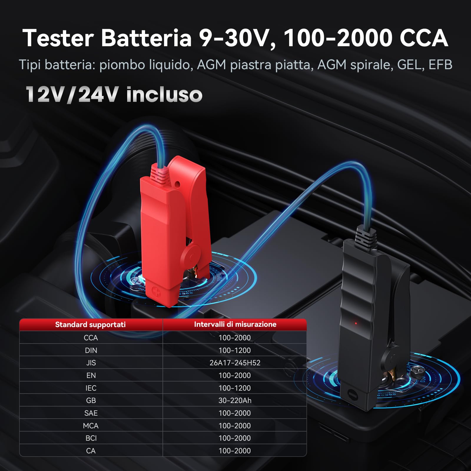 iCarsoft BT900 Tester Batteria Auto, 12 V/24 V, Tester per Batterie 12 V/24 V 100-2000 CCA, AGM, GEL, EFB, Connessione Bluetooth, Test di Avviamento/Carica per Auto, Moto, ATV, Camion, Barca, Yacht