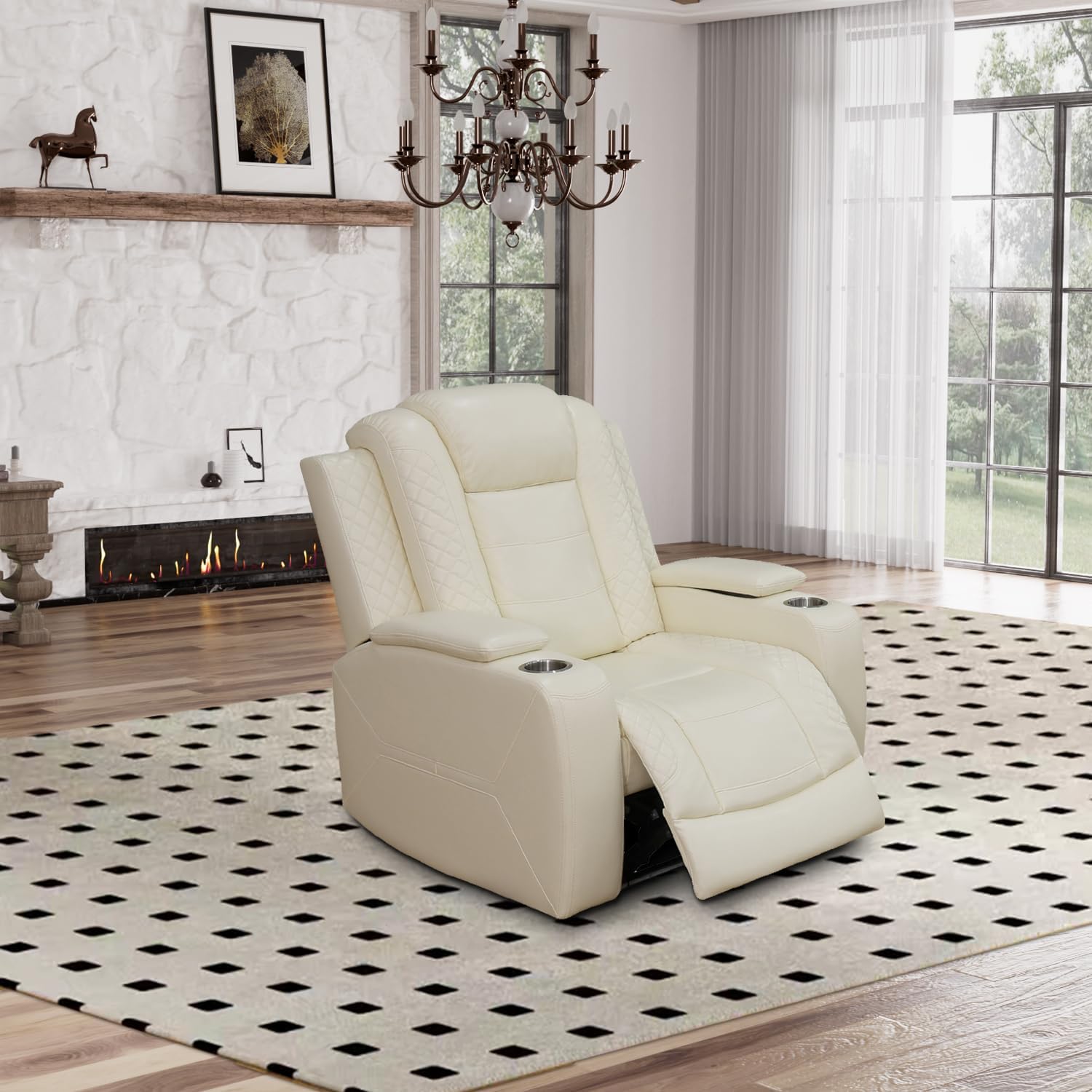 Power Recliner Sofa Set, Breathing Leather Sofa Set with Storage Console/Cup Holders/USB Ports, Leather Reclining Couch Set for Living Room (Creamy White, Chair)