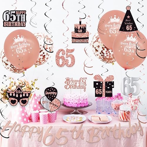 Miniatura 3 de WOJOGO Decoraciones de cumpleaños 65 para mujer, decoraciones de cumpleaños número 65 de oro rosa para mujer, pancarta de feliz cumpleaños 65 con