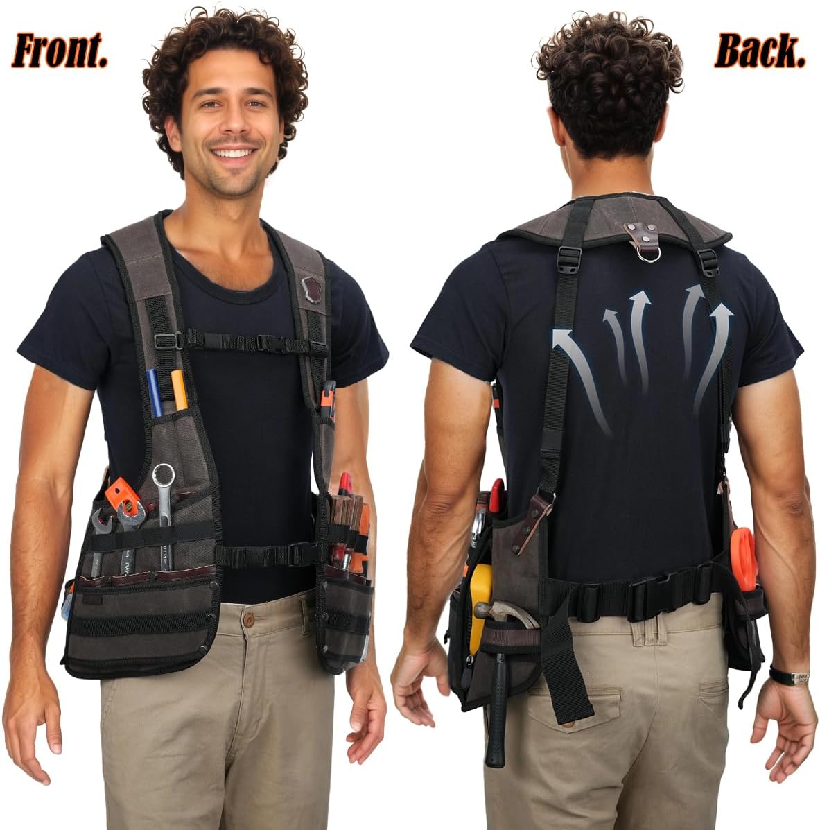 WELKINLAND Heavy-Duty Canvas Tool Vest with Top-Grain Leather, 33-Pocket Tool Vests, Heavy Duty Tools Vest, Comfy Carpenter Vest, Multi-Functional Tool Vest For Carpenter, Electrician & Construction - Image 3