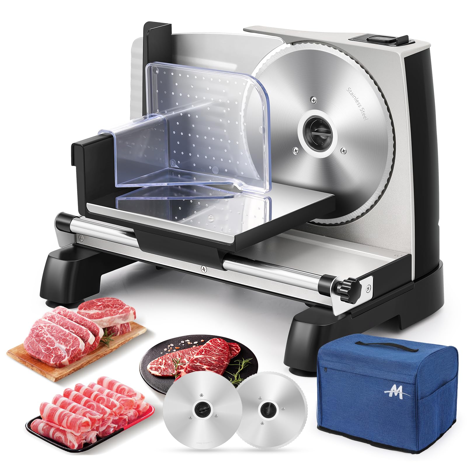 Moongiantgo Affettatrice Elettrica da Casa, Affettatrice Professionale con Blocco di Sicurezza, Spessore Regolabile 0-18mm, 2x Lama in Acciaio Inox da 19cm per Carne/Pane/Formaggio/Verdura (200W)