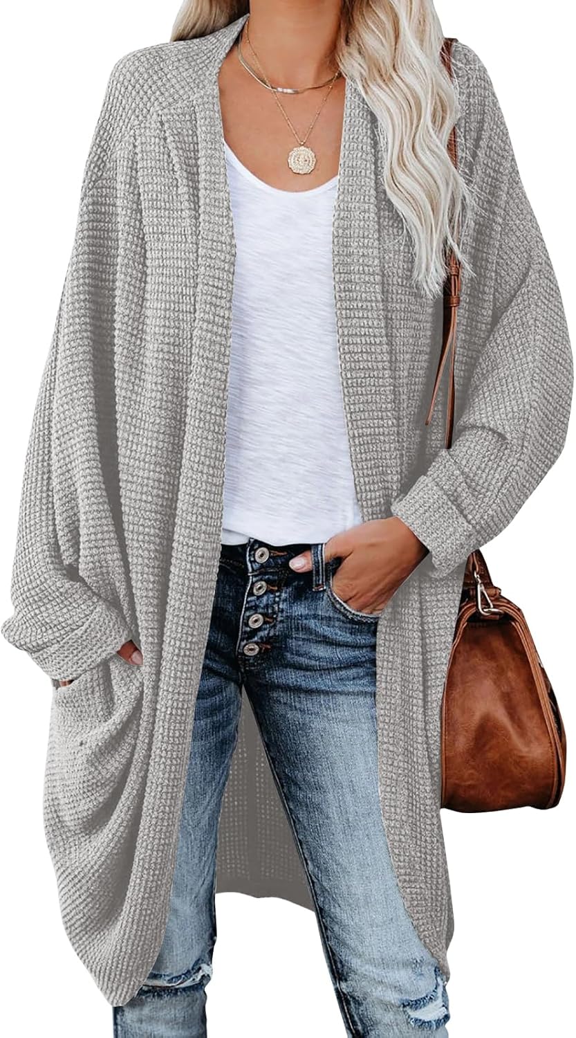 ZoeAce Womens Open Front Knit Cardigan Long Batwing Sleeve Oversized Sweater Chunky Waffle Cable Boho Pockets Coat
