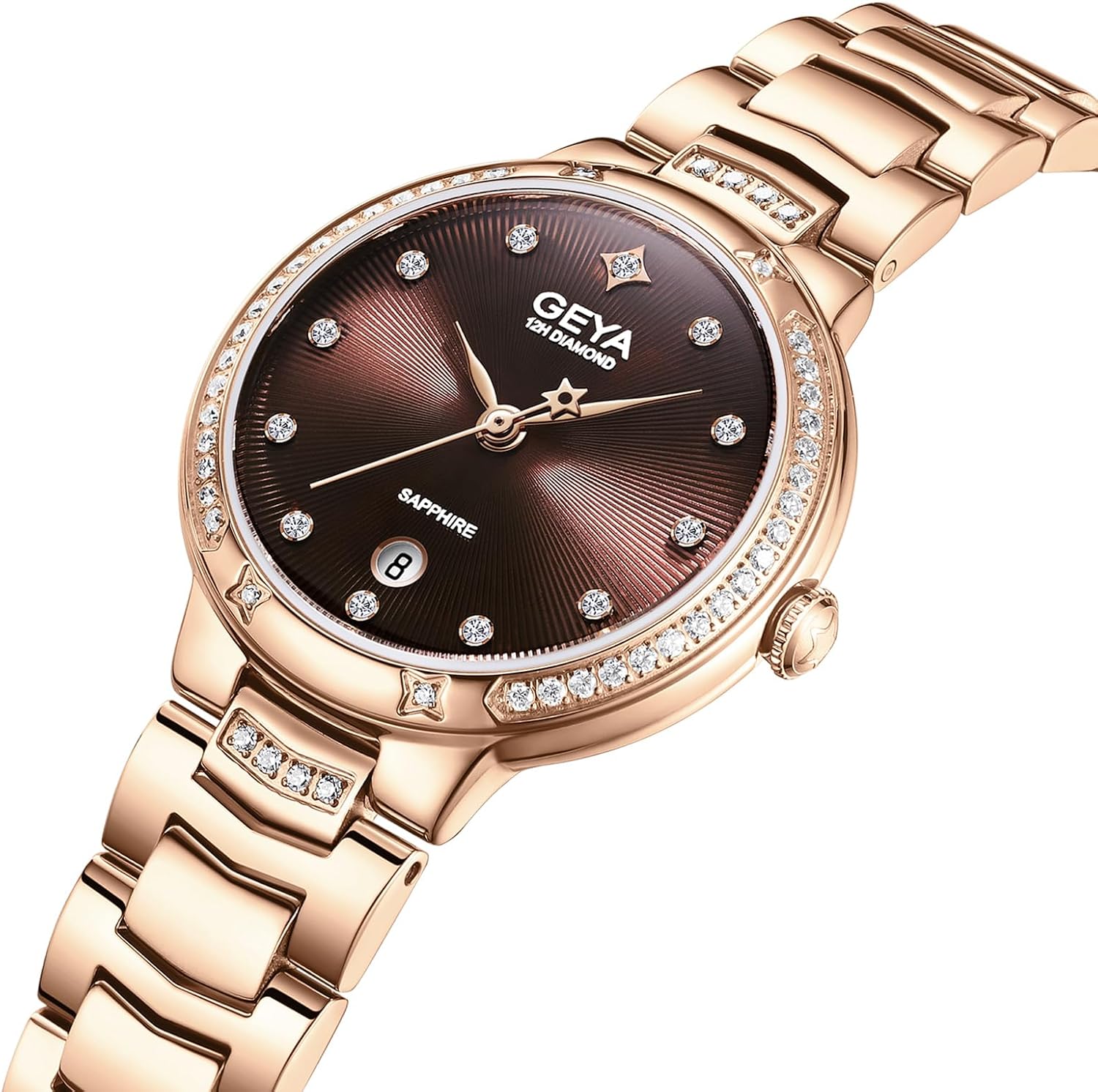 GeYa Rose Gold Watches for Women Genuine Diamond Elegant Ladies Dress Watch 316L Stainless Steel Bracelet Sapphire Crystal Waterproof Date Display Jewelry Luxurious Gifts Sets