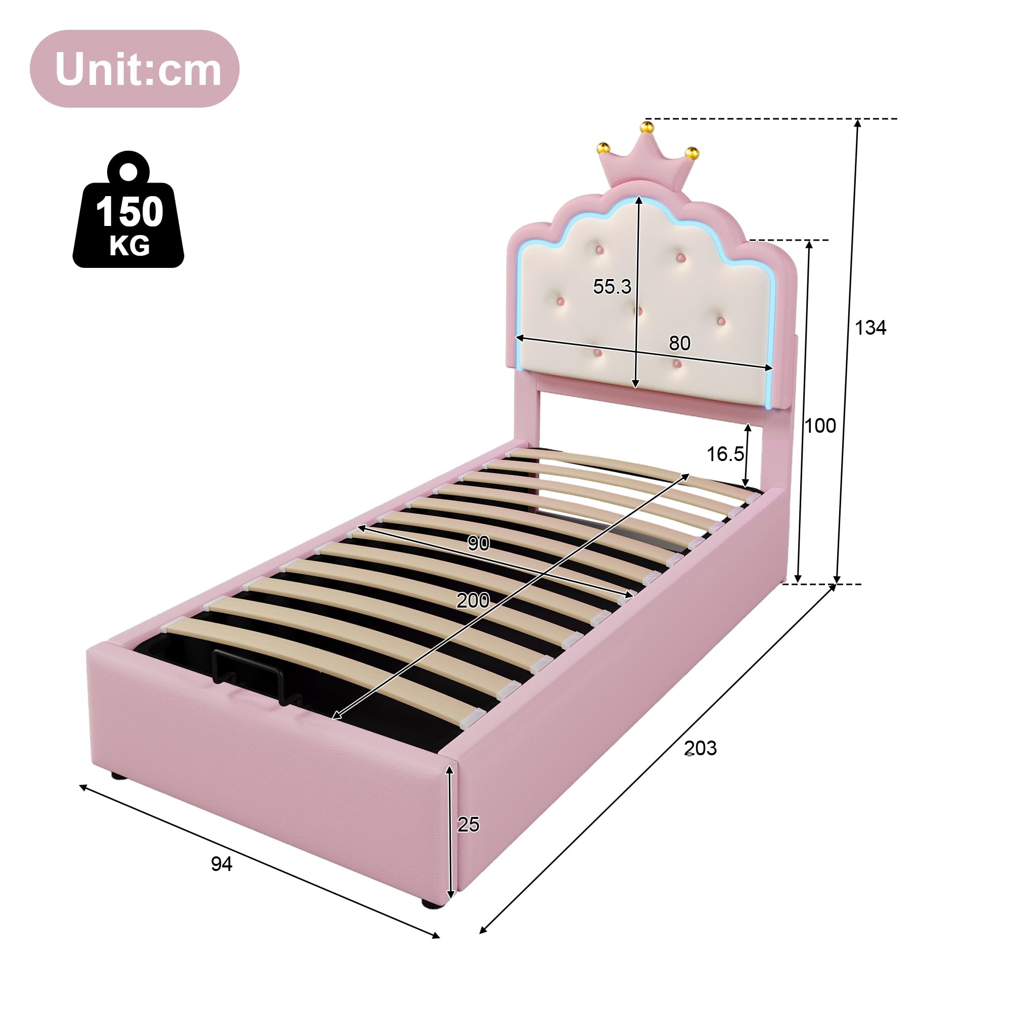 Merax Kinderbett 90x200, Polsterbett für Mädchen Kronen-Einzelbett mit LED-Streifen, Hydraulischer Stauraum, aus PU-Leder Bettrahmen mit Lattenrost(ohne Matratze), Rosa