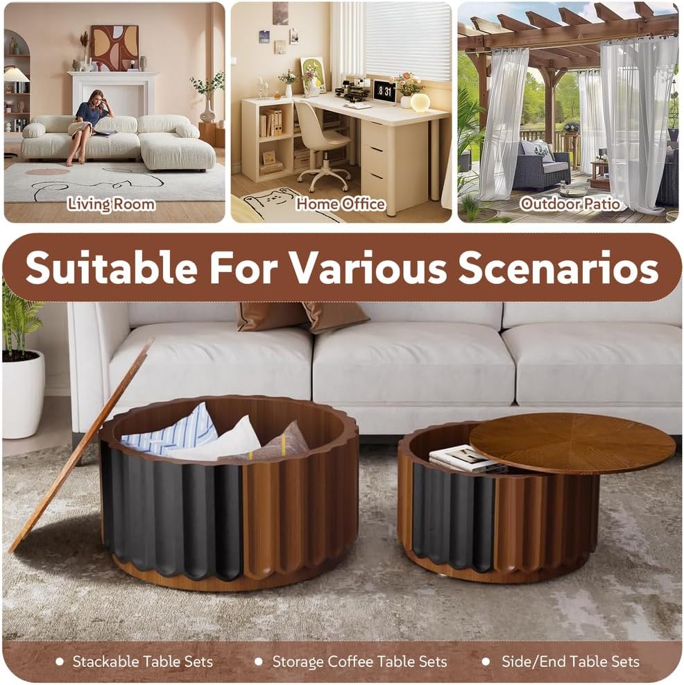 Round Nesting Coffee Tables Set of 2 with Storage, Round Fluted Coffee Table and End Table Sets Handcraft Wood Embossed Design Circle Side Tables for Living Room Small Spaces