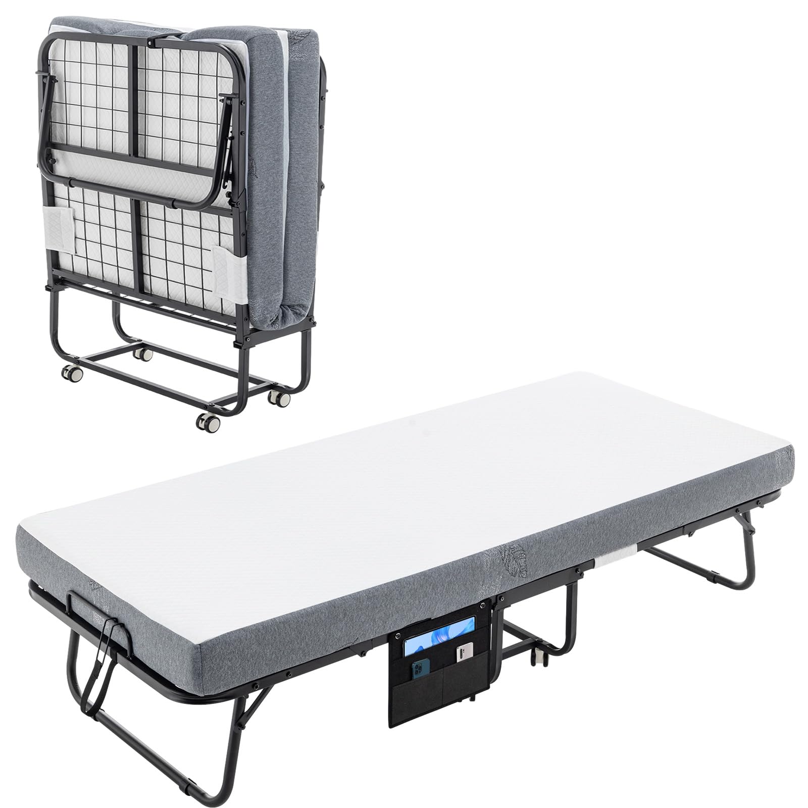 Folding Bed with Mattress for Adults, Portable Rollaway Bedframe with Memory Foam Sturdy Metal Frame, Space Saving and Easy Storage, 75" x 31", Black and Gray