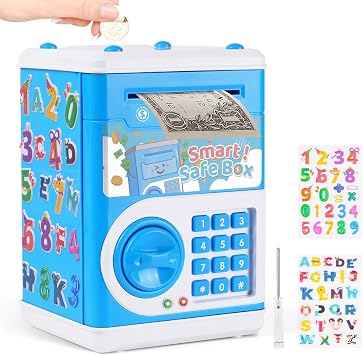 Piggy Bank للأطفال، بنك صراف آلي إلكتروني صغير مع كلمة مرور للبنين والبنات، صندوق توفير المال مع فتحة فاتورة تلقائية، لعبة آمنة للنقود المعدنية، عيد ميلاد للأعمار من 3 إلى 12 عامًا، أزرق