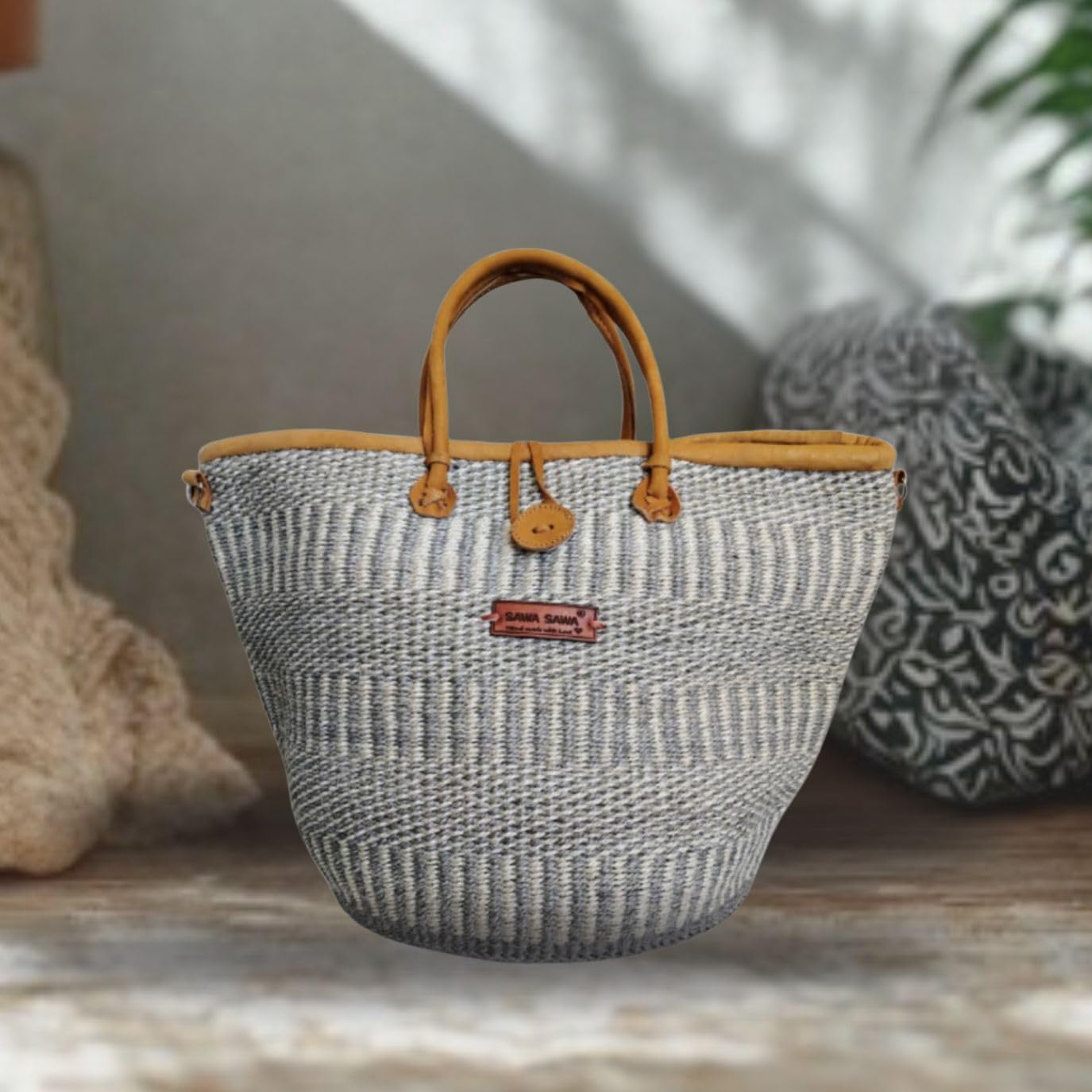 Ash Wisdom Handwoven Sisal Straw Basket Tote Bag, Lightweight Market Basket with Leather Handles and Button Closure, Large Straw Purse Suitable for Travel, Handmade Summer Tote Handbag for Women - Image 3