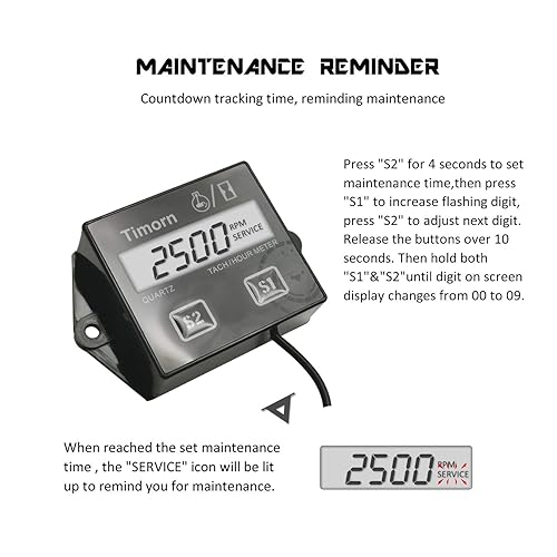 Vista 3 de Tacómetro para motor pequeño, medidor de horas inductivo para motor pequeño de 2 tiempos y 4 tiempos, tacómetro impermeable de batería reemplazable