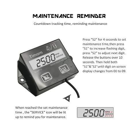 Tachometer for Small Engine,Inductive Hour Meter for 2 Stroke & 4 Stroke Small Engine, Timorn Replaceable Battery Waterproof Tachometer for Chainsaw Marine ATV Motorcycle UTV Engine (Black)