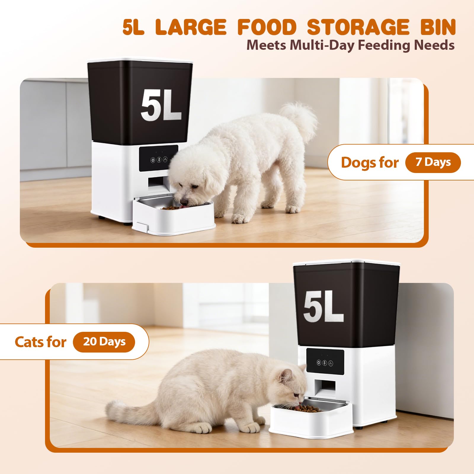 Comedero Gato Automatico 5L con App WiFi, 15g Porciones para Gatos y Perros | Dispensador comida gatos WiFi 2,4GHz, 1-10 comidas/día, antiatascos, voz personalizada y cuenco acero inoxidable