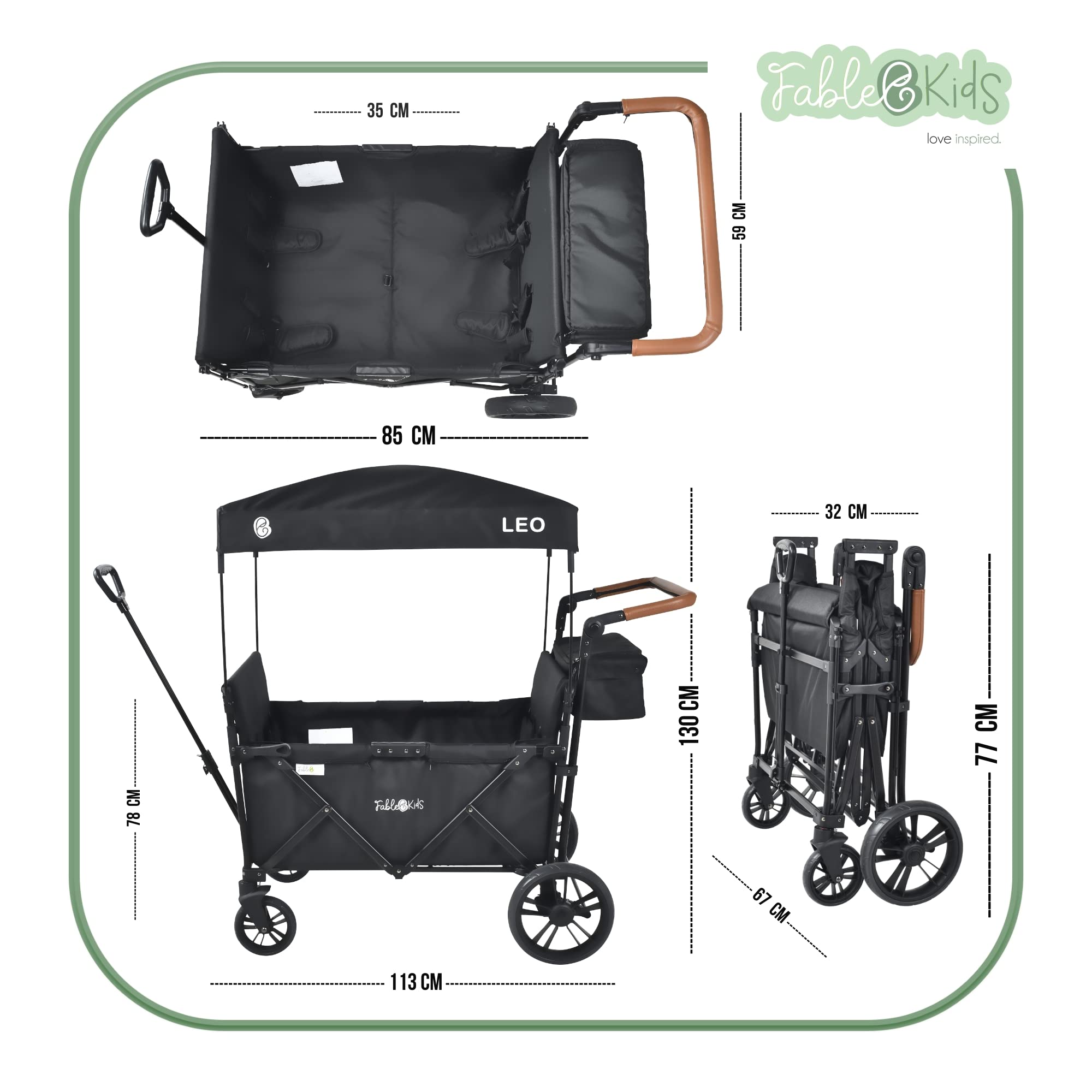 FableKids Chariot à roulettes Leo X4Lite avec Toit | Chariot de Transport Pliable | supporte jusqu'à 20 kg par siège | Harnais 5 Points | Roues 360° | Frein à Pied | Noir Onyx