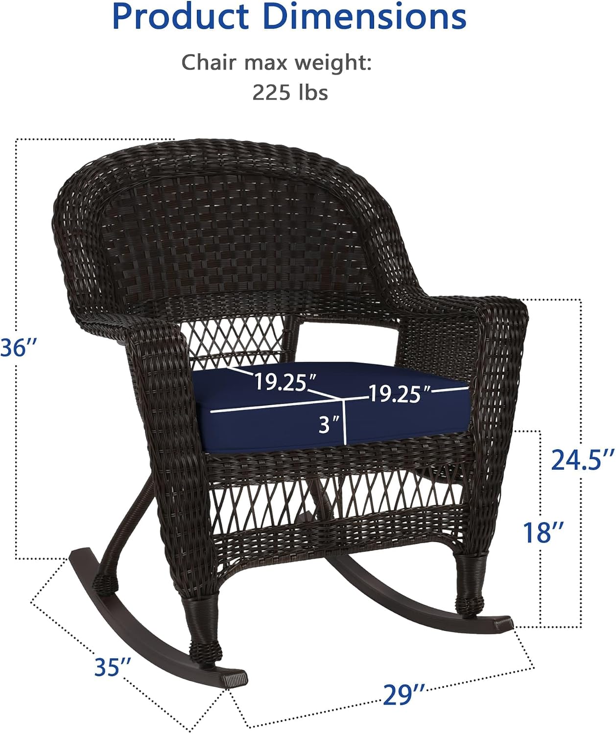 Jeco Rocker Wicker Chair with Blue Cushion, Set of 2, Espresso