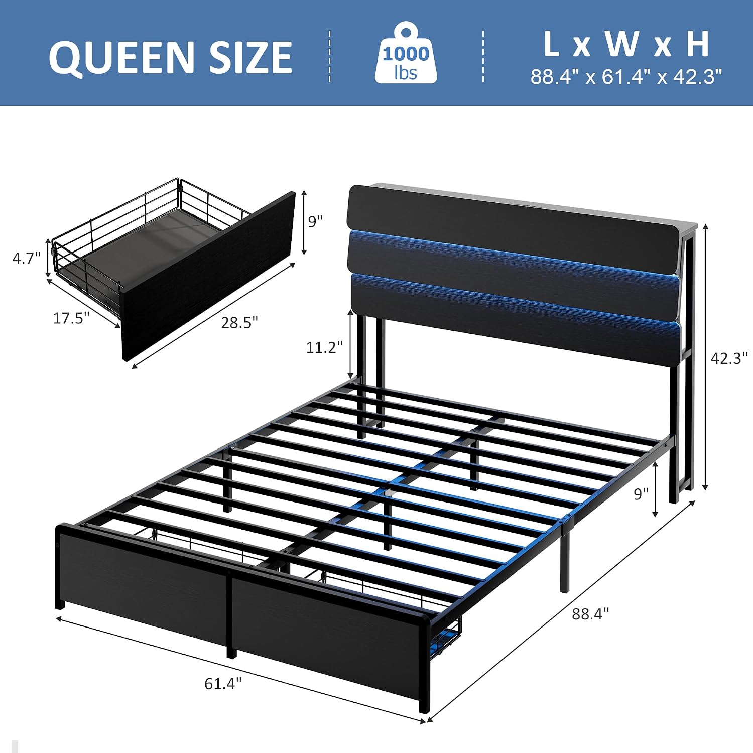 MapleGrace Queen Size Bed Frame with Storage Headboard & 2 Drawers, Platform Bed with RGB LED Lights & Charging Station, Metal Slats Support, No Box Spring Needed, Noise Free, Black