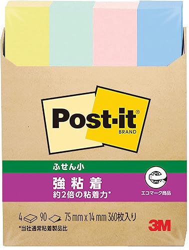 Post-it 560SS-K Sticky Notes, Strong Adhesive, Pastel Color, 3.0 x 0.6 inches (75 x 14 mm), 90 Sheets x 4 Packs