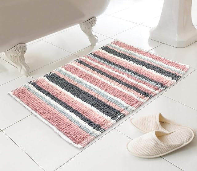 Country Club Stripe Bath Mat Blush Pink and Grey 45 x 74cm