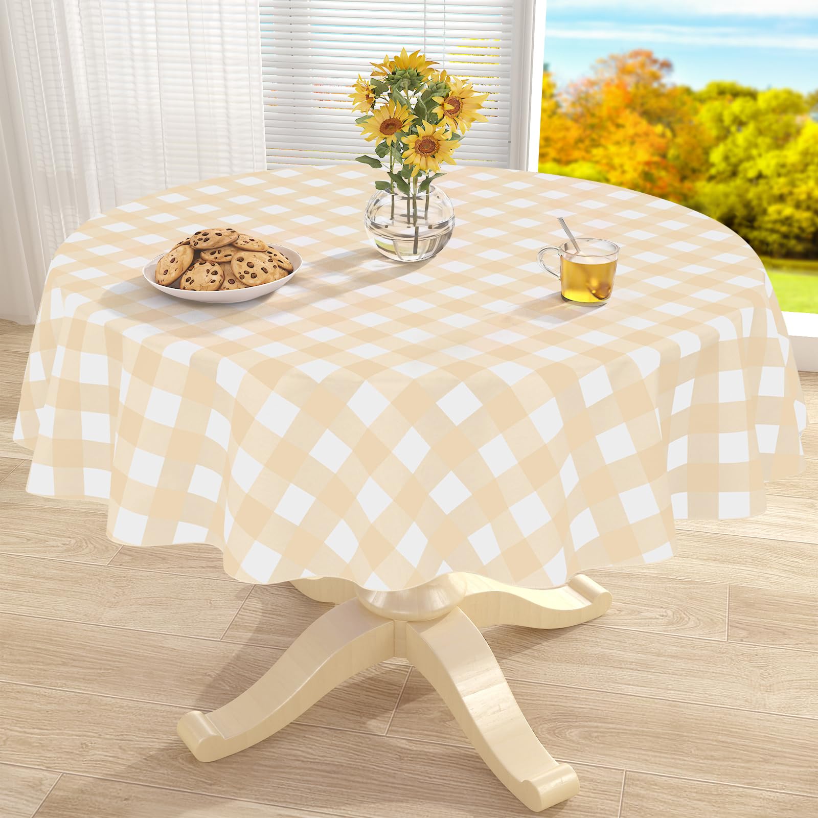misaya Round Waterproof Vinyl Table Cloth, Flannel Backed Tablecloth