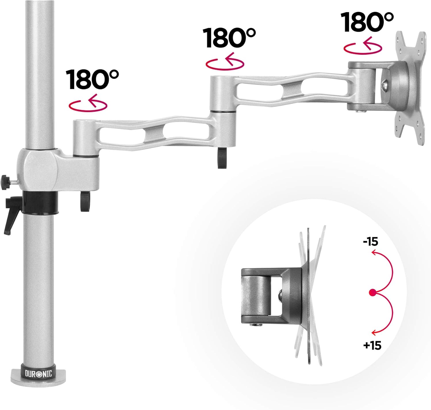 Duronic Monitor Arm Stand DM351X3 SR | Single PC Desk Mount | SILVER | Aluminium | Height Adjustable |For One 13-27 LED LCD Screen | VESA 75/100 | 8kg Capacity | Tilt +15°/-15°,Swivel 180°,Rotate 360°