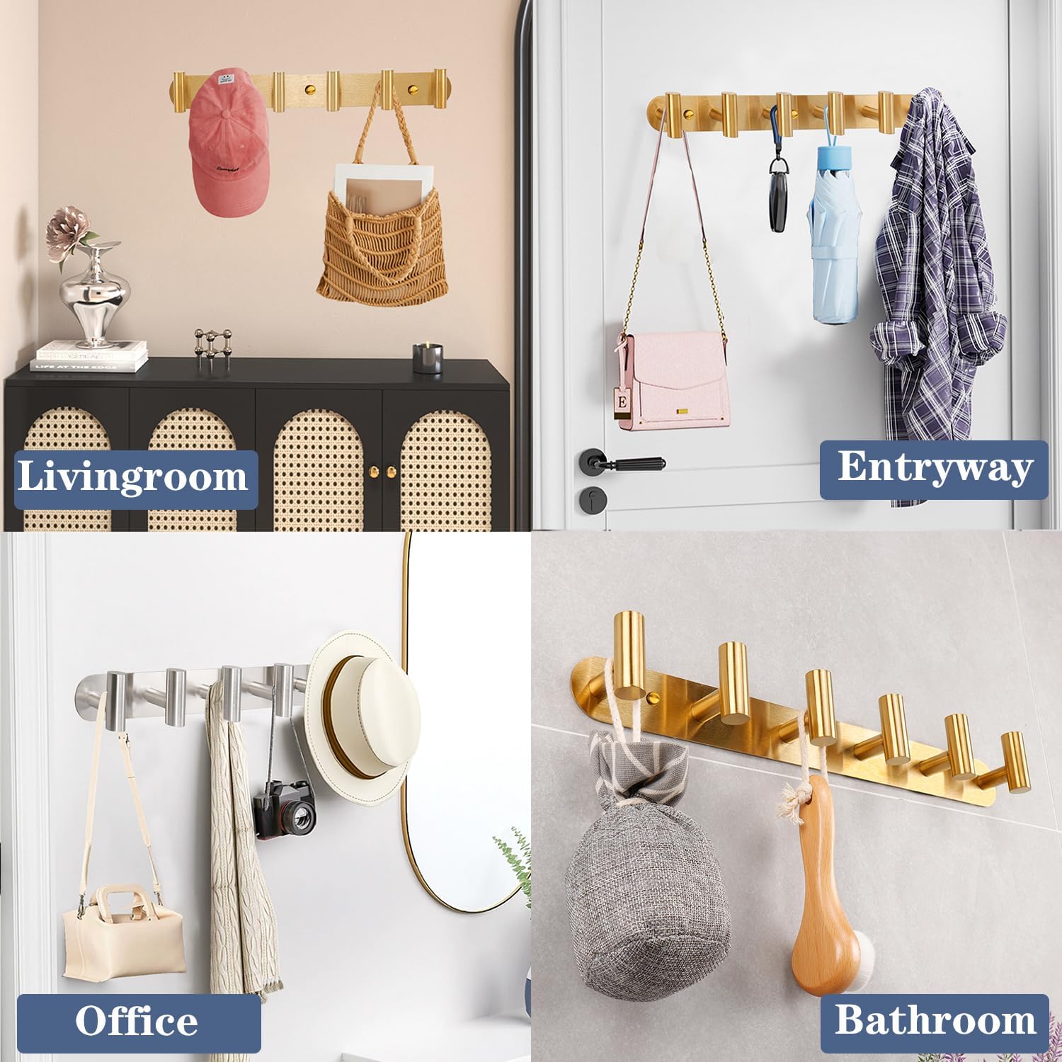 Coat Hook Rack, Wall Mounted Coat Rack with 6 Hooks, Heavy Duty Towel Hooks Rack Wall Hooks for Hanging Clothes Jacket Purse, Stainless Steel Coat Hanger for Bathroom Entryway Mudroom(Gold)