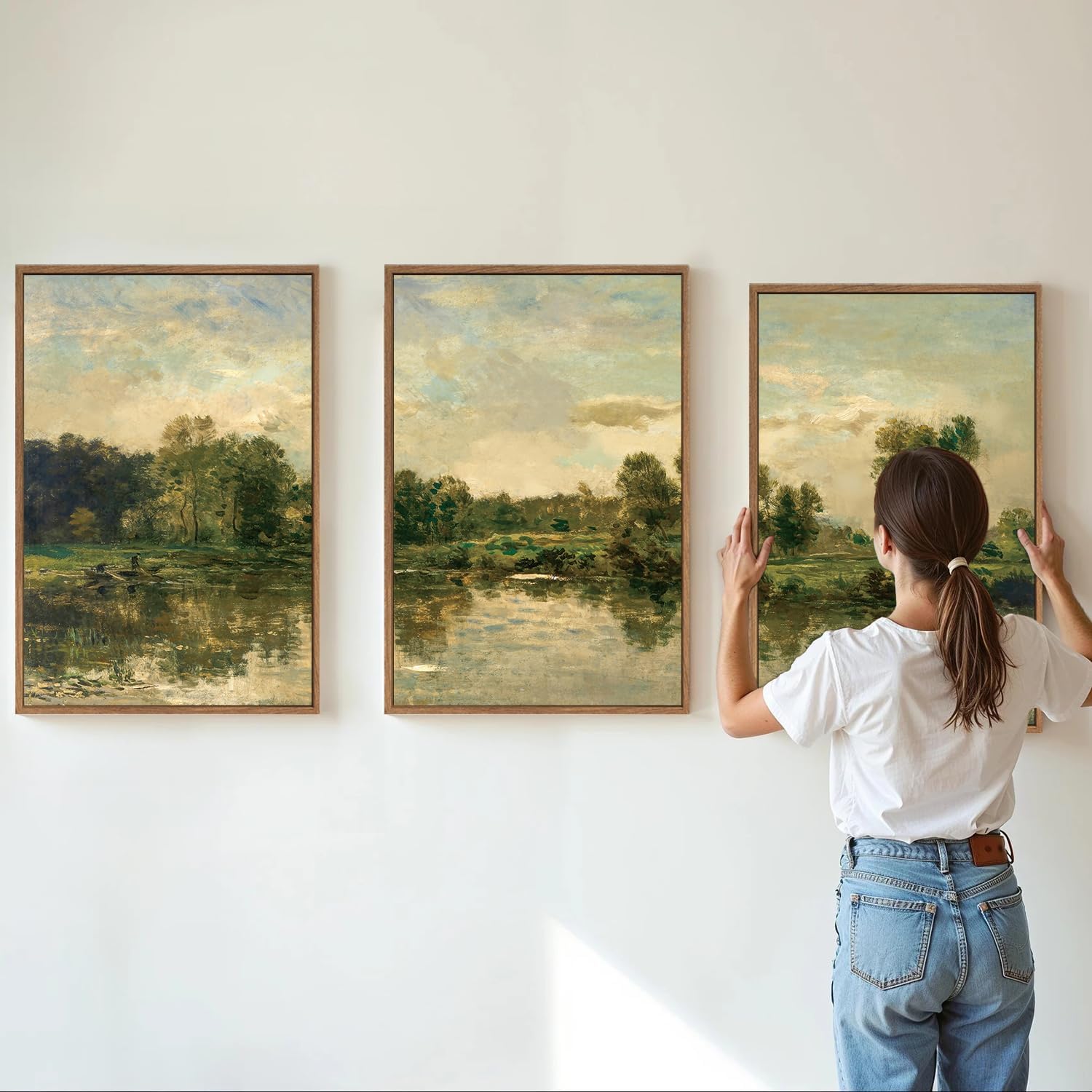Tinonedraw Vintage Landscape Framed Canvas Wall Art Set of 3, French Country Art Prints, Nature Green Trees and Lake Art Paintings, Rustic Aesthetic Wall Decor for Living Room Bedroom Office 16x24x3