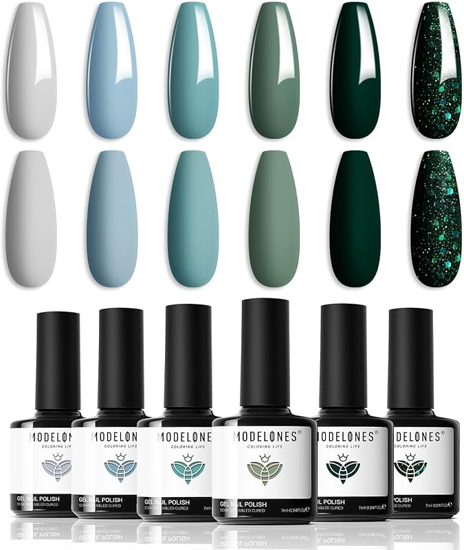 modelones Set de Esmaltes de Uñas de Gel Verde Azul Gris 6 Colores | Misty Grey Baby Blue Dark Sage Green Glitter Gel Polish Kit, Soak Off LED lámpara de uñas Kit de uñas salón de uñas DIY regalo