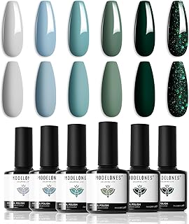 modelones Gel Nail Polish Set - 6 Colors Misty Gray Dark Green Glitter Gel Polish Kit Sage Green Baby Blue Nail Polish Soak Off LED Nail Lamp Nail Kit Fall Winter Nails Salon DIY Gift