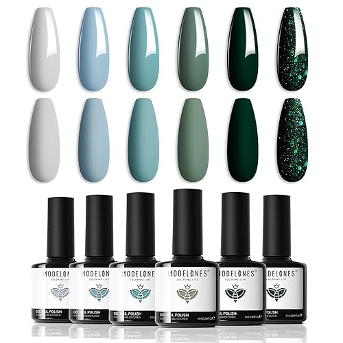 modelones Juego de esmaltes de uñas de gel, 6 colores, gris brumoso, verde oscuro, kit de esmalte de gel con purpurina, verde salvia, azul bebé,