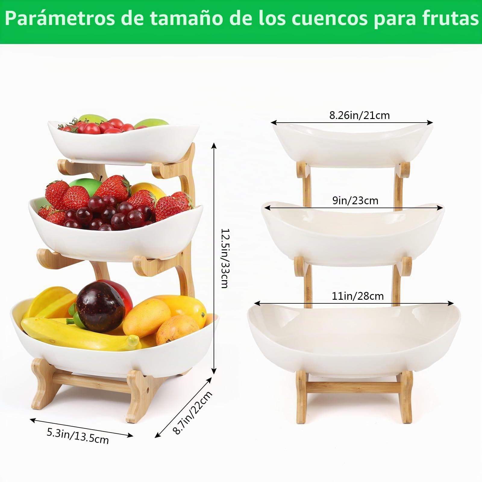 Dreamhigh® Frutero de Cocina Moderno de Cerámica, 3 Pisos Cesta para Frutas y Verduras Estable y Sin Sacudidas, Con Base de Bambú para Sala de Estar